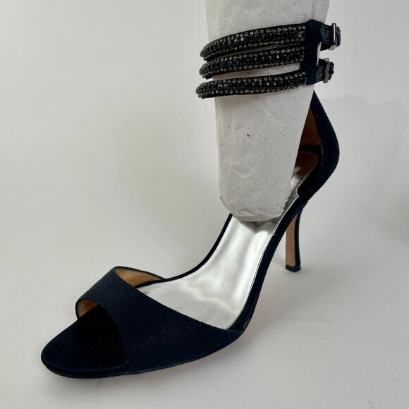 Badgley Mischka Dazzler Black Satin Strappy Heels With Beaded Ankle Strap, Sz 9 - Picture 8 of 10
